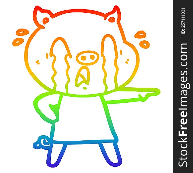 rainbow gradient line drawing of a crying pig cartoon wearing human clothes
