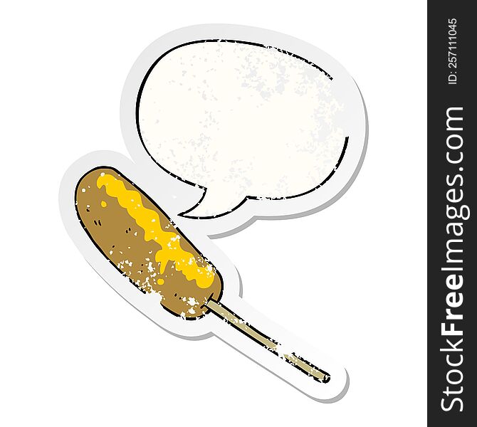 Cartoon Hotdog On A Stick And Speech Bubble Distressed Sticker