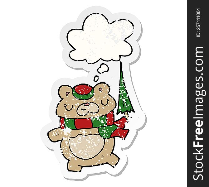 Cartoon Bear With Umbrella And Thought Bubble As A Distressed Worn Sticker