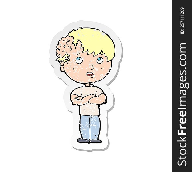 retro distressed sticker of a cartoon boy with growth on head
