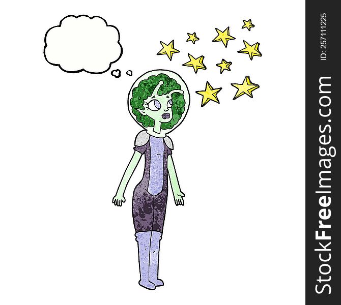 freehand drawn thought bubble textured cartoon alien space girl