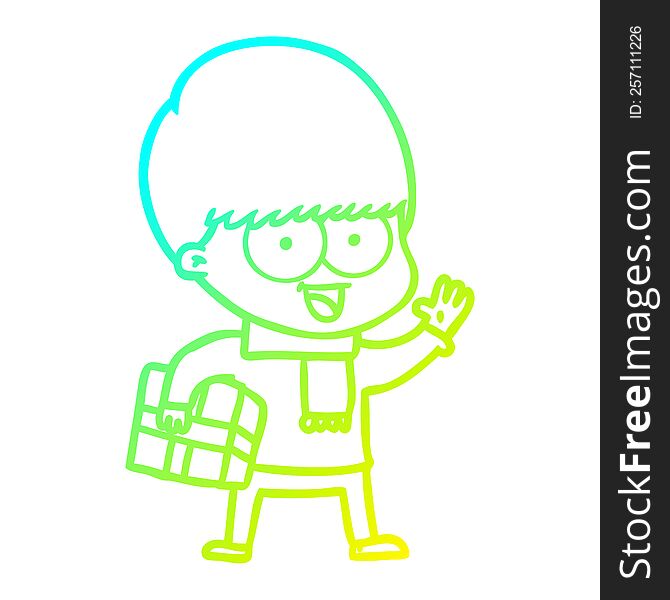 Cold Gradient Line Drawing Happy Cartoon Boy With Present