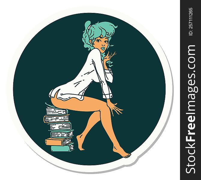 Tattoo Style Sticker Of A Pinup Girl Sitting On Books