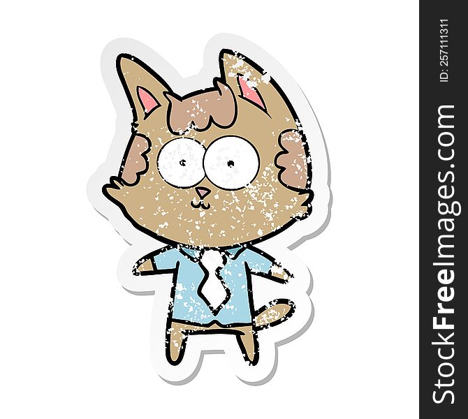 distressed sticker of a happy cartoon cat office worker