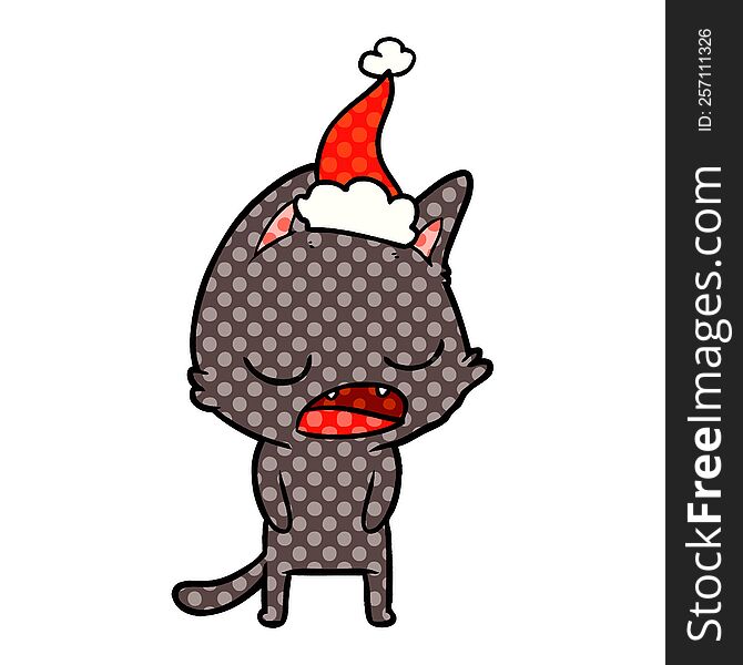 talking cat hand drawn comic book style illustration of a wearing santa hat