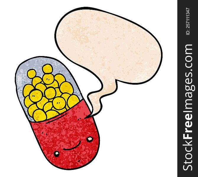 cartoon pill with speech bubble in retro texture style