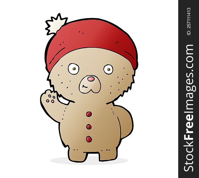 cartoon waving teddy bear in winter hat