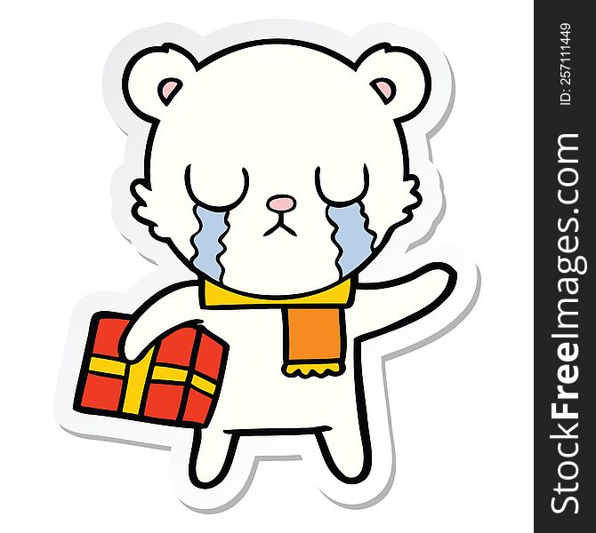 Sticker Of A Crying Polar Bear Cartoon With Christmas Gift