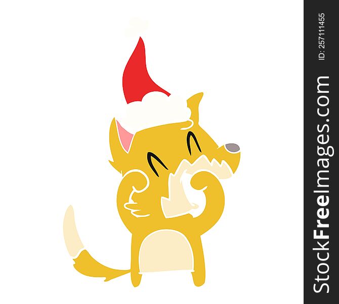 Laughing Fox Flat Color Illustration Of A Wearing Santa Hat
