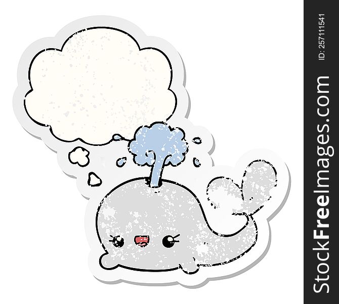 cute cartoon whale with thought bubble as a distressed worn sticker