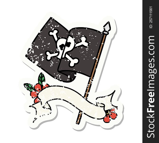 Grunge Sticker With Banner Of A Pirate Flag