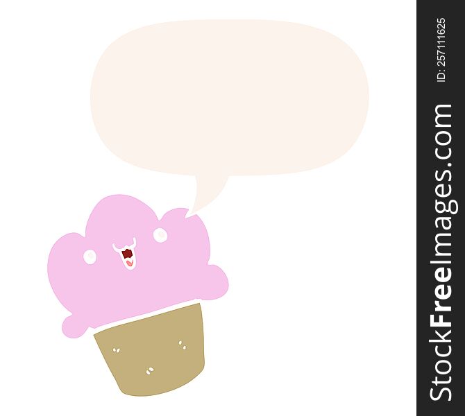 Cartoon Cupcake And Face And Speech Bubble In Retro Style