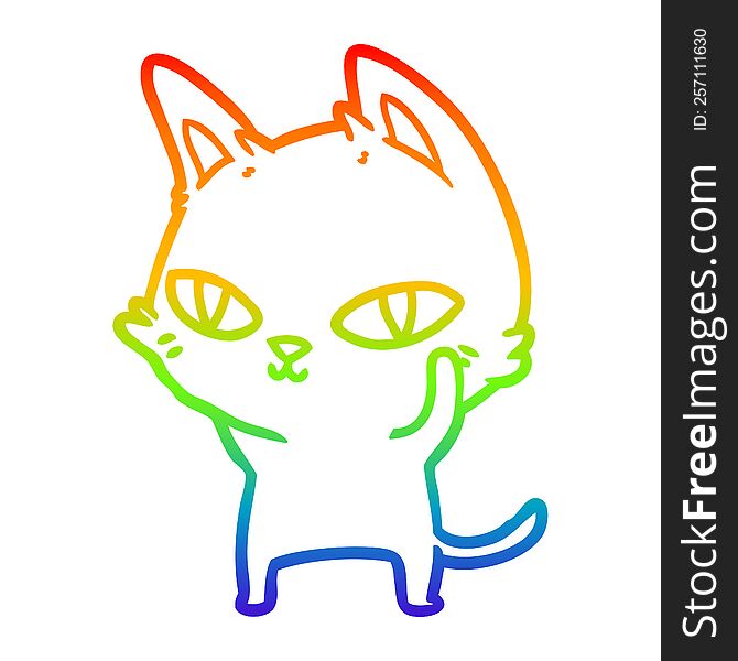 rainbow gradient line drawing of a cartoon cat with bright eyes
