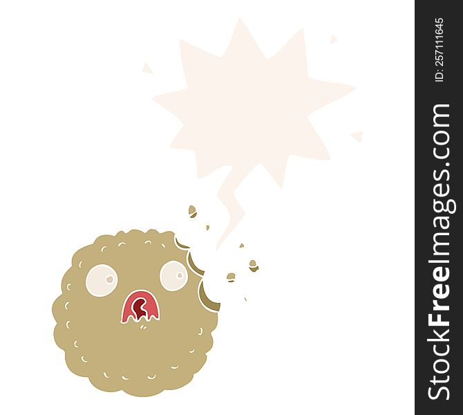 frightened cookie cartoon with speech bubble in retro style