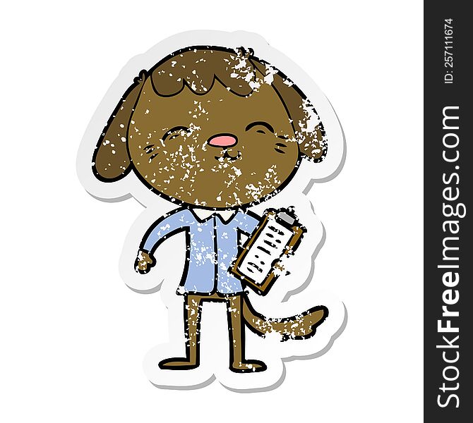 distressed sticker of a happy cartoon office worker dog