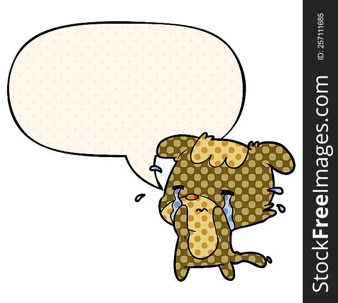 cartoon sad dog crying with speech bubble in comic book style