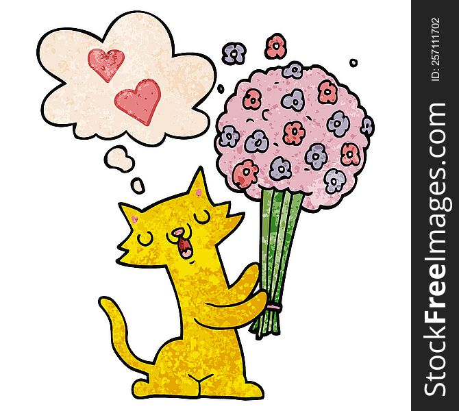 cartoon cat in love with flowers and thought bubble in grunge texture pattern style