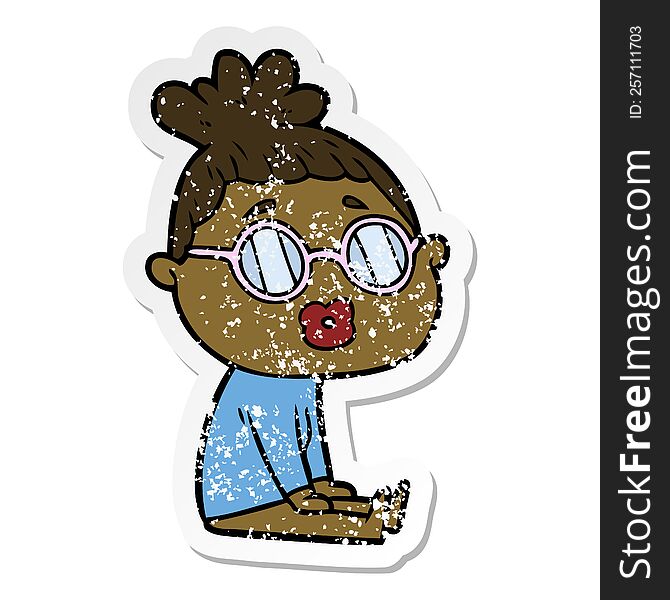 distressed sticker of a cartoon sitting woman wearing spectacles