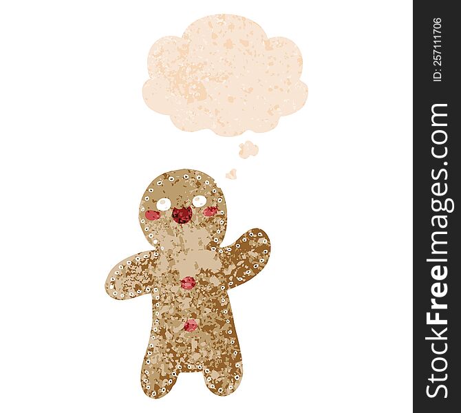 Cartoon Gingerbread Man And Thought Bubble In Retro Textured Style