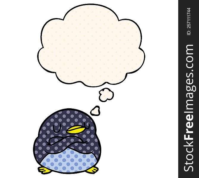 cartoon penguin with thought bubble in comic book style