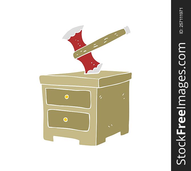 Flat Color Illustration Of A Cartoon Axe Buried In Chest Of Drawers