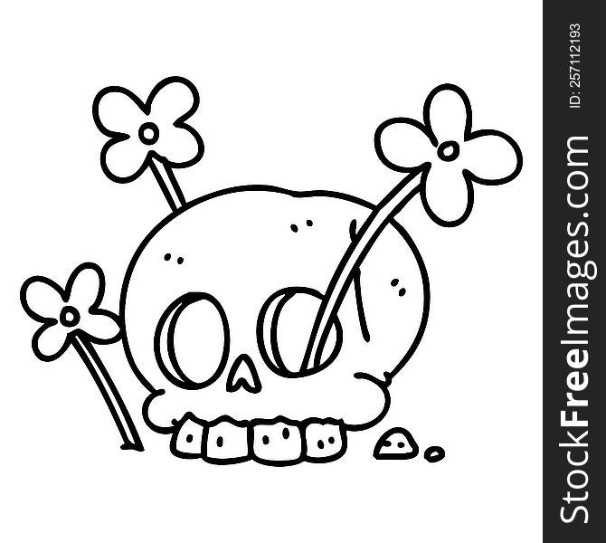 line doodle of a skull with flowers growing