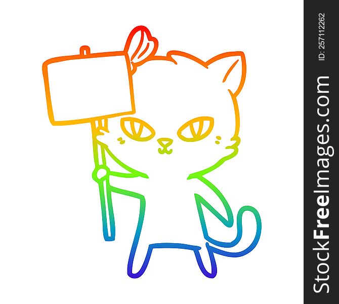 Rainbow Gradient Line Drawing Cute Cartoon Cat With Protest Sign