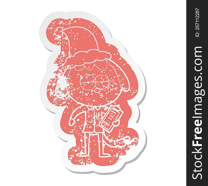 Cartoon Distressed Sticker Of A Bored Dog In Office Clothes Wearing Santa Hat