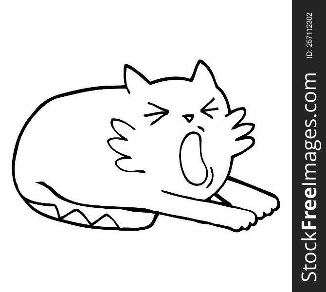 black and white cartoon yawning cat