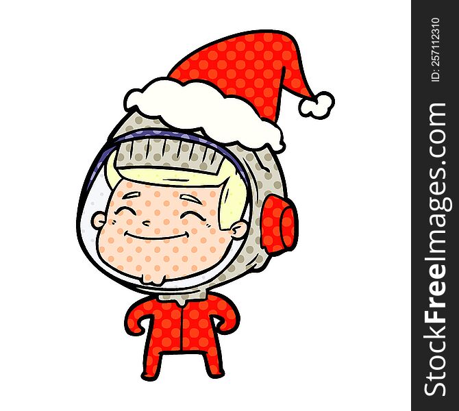 Happy Comic Book Style Illustration Of A Astronaut Wearing Santa Hat