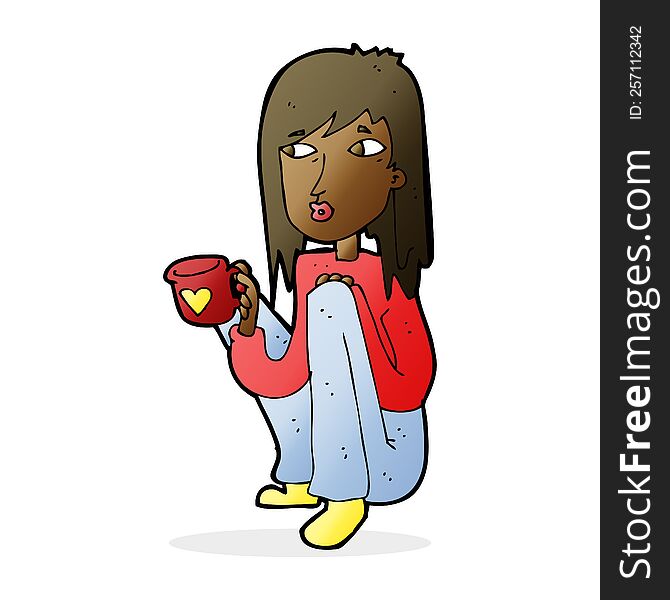 cartoon woman sitting with cup of coffee