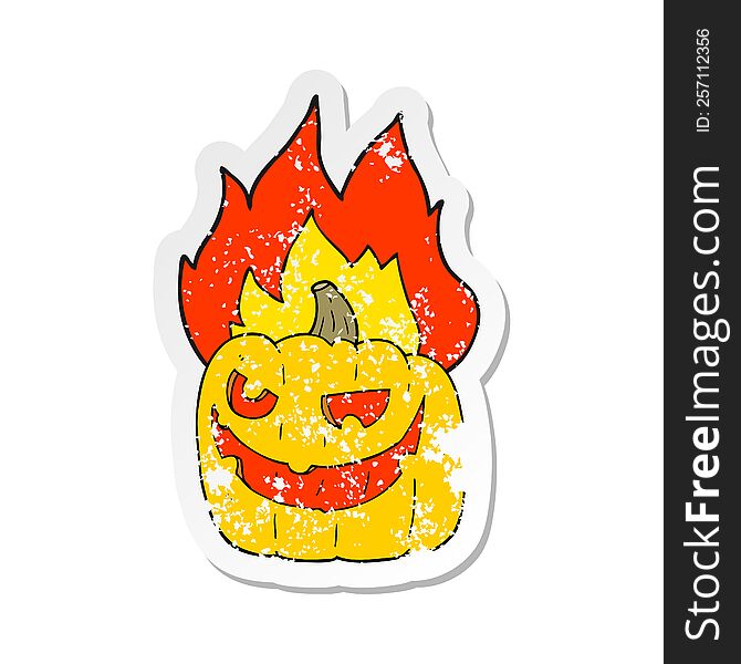 Retro Distressed Sticker Of A Cartoon Flaming Halloween Pumpkin