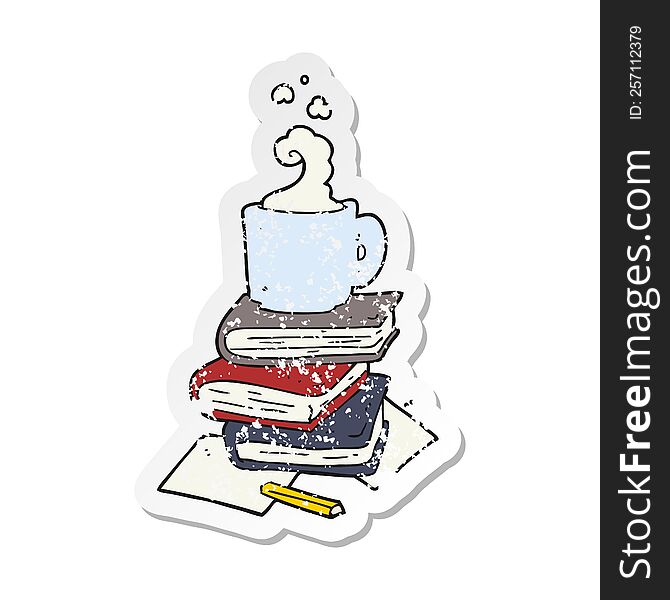 retro distressed sticker of a cartoon books and coffee cup
