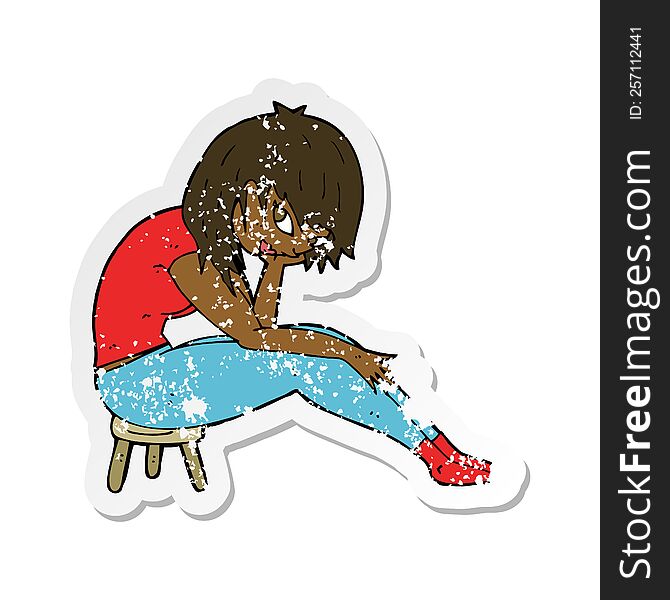 retro distressed sticker of a cartoon woman sitting on small stool