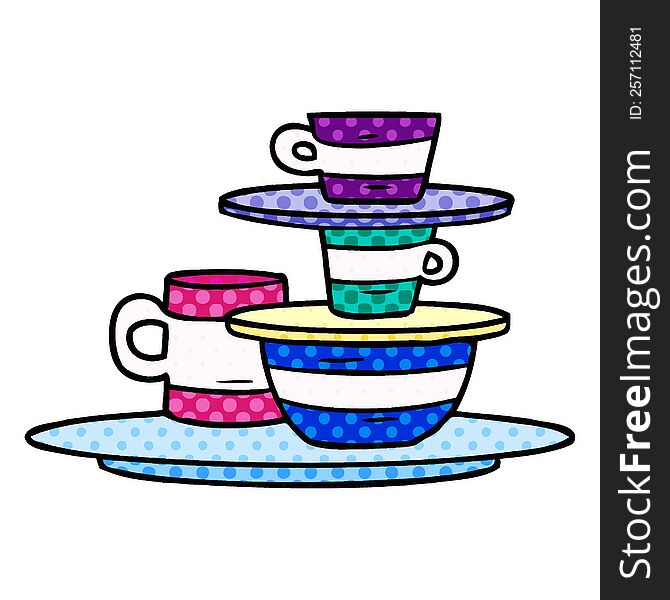 hand drawn cartoon doodle of colourful bowls and plates