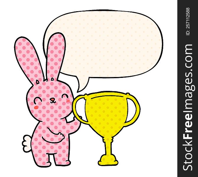 cute cartoon rabbit with sports trophy cup with speech bubble in comic book style. cute cartoon rabbit with sports trophy cup with speech bubble in comic book style