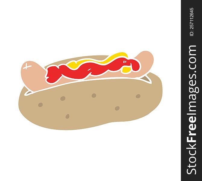 flat color style cartoon hotdog with mustard and ketchup
