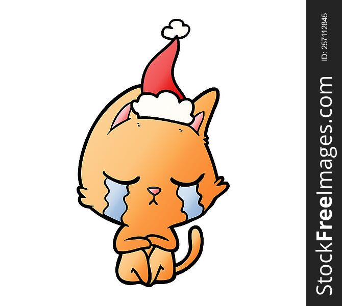 Crying Gradient Cartoon Of A Cat Sitting Wearing Santa Hat