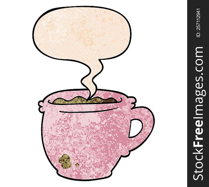 cartoon hot cup of coffee with speech bubble in retro texture style