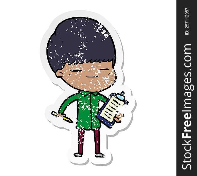 distressed sticker of a cartoon smug boy with clip board