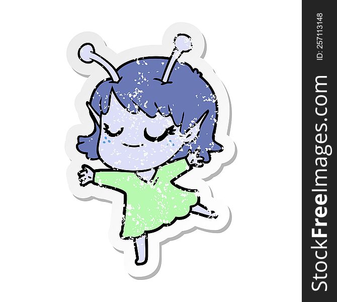 distressed sticker of a smiling alien girl cartoon dancing