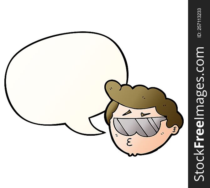 cartoon boy wearing sunglasses and speech bubble in smooth gradient style