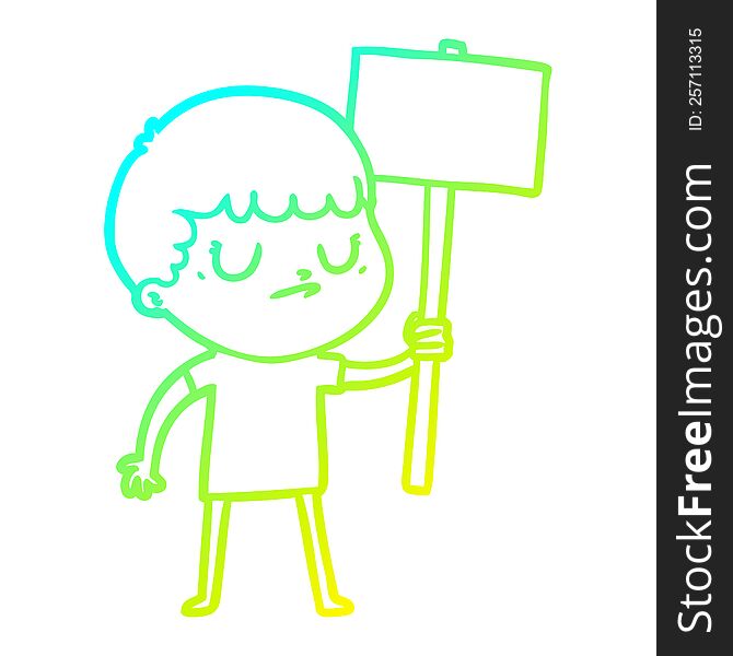 cold gradient line drawing of a cartoon grumpy boy with placard