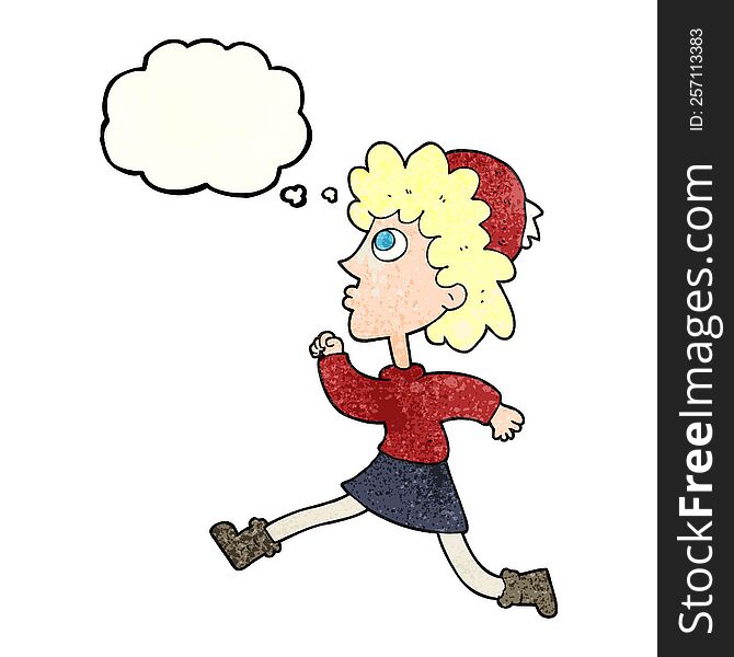 freehand drawn thought bubble textured cartoon running woman
