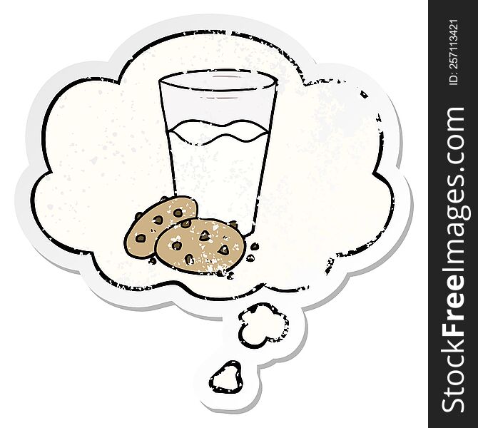 cartoon cookies and milk with thought bubble as a distressed worn sticker