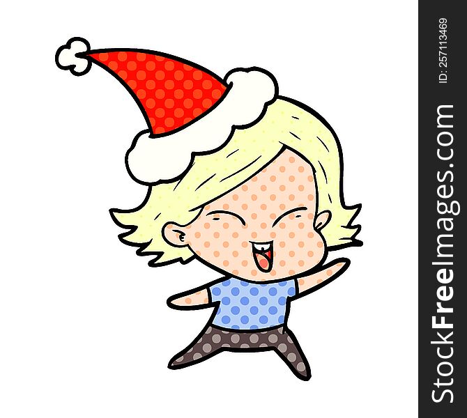 happy hand drawn comic book style illustration of a girl wearing santa hat. happy hand drawn comic book style illustration of a girl wearing santa hat