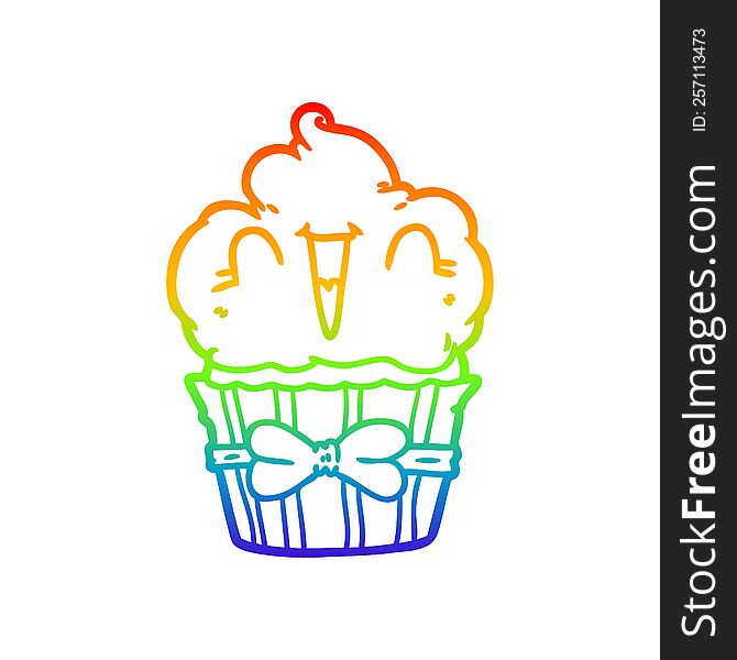 Rainbow Gradient Line Drawing Happy Cartoon Cupcake