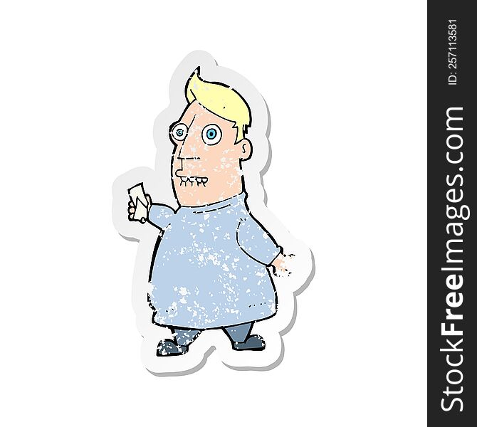 Retro Distressed Sticker Of A Cartoon Nervous Man With Tickets