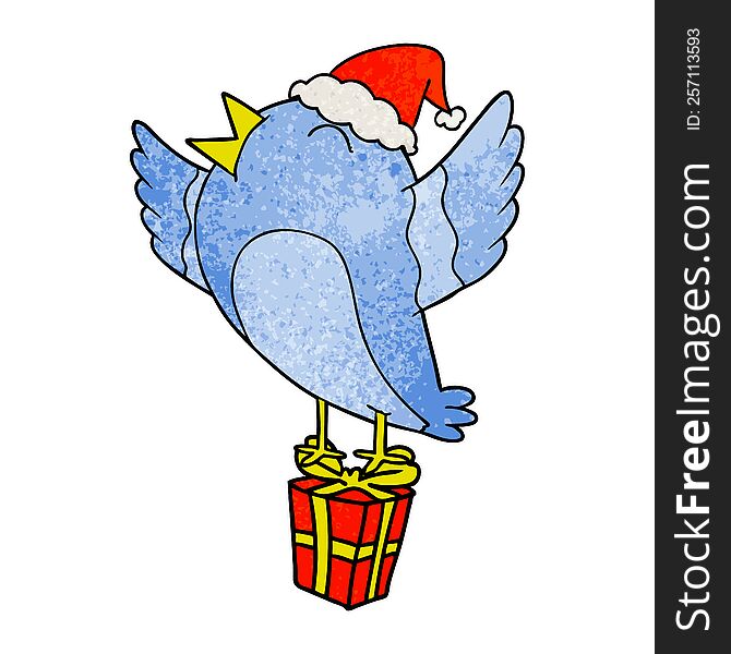 hand drawn textured cartoon of a bird wearing santa hat