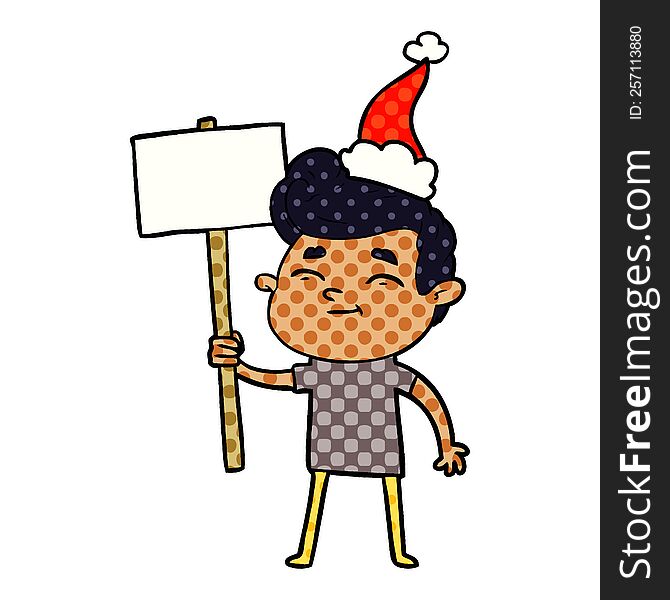 happy hand drawn comic book style illustration of a man with sign wearing santa hat
